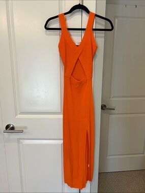 Zara Bright Orange Sleeveless Midi Dress with Front Cutout